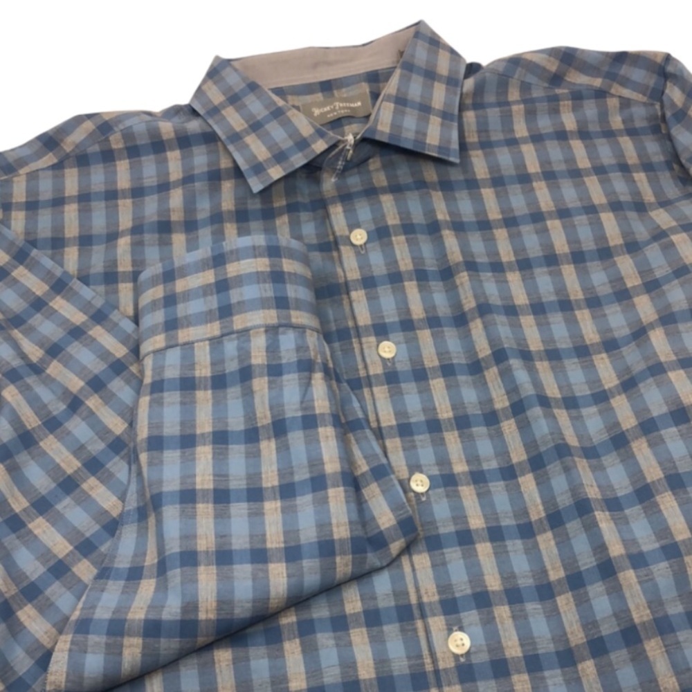 Hickey Freeman Shirt Blue Plaid Long Sleeve Button Down 100% Cotton Size 2XL